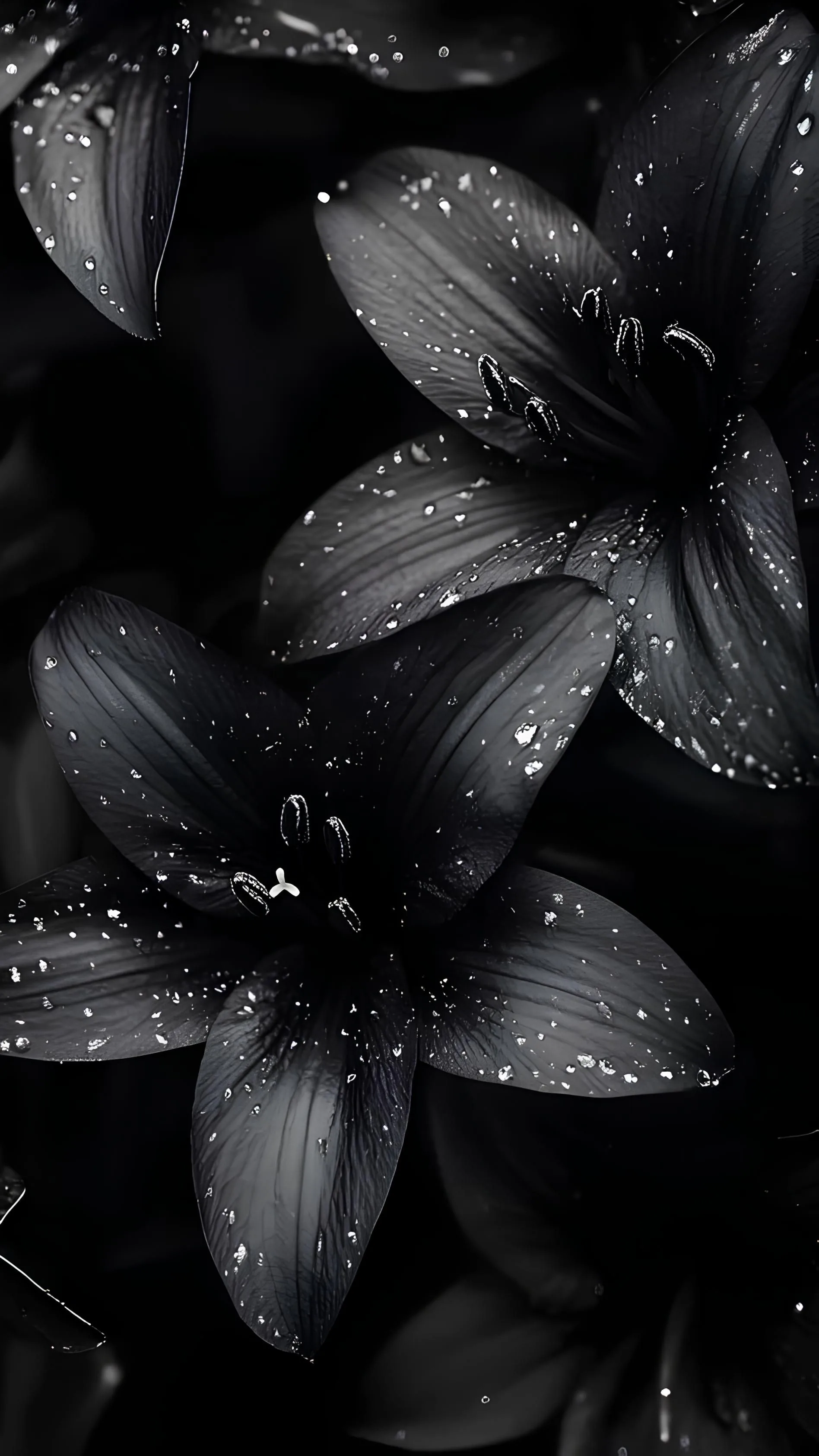 Lily petals overlap across a tall frame in deep grey, droplets catching the only light and the stamens curling out at the top.