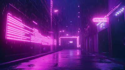 Striped pink signs light a wet alley at night, rain streaking past — the road down the centre stays dim and empty for desktop icons.