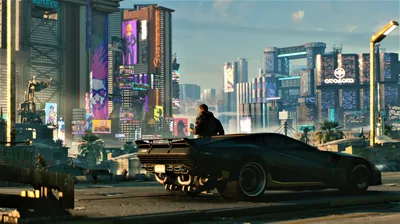 Leaning on his car's open trunk, a merc studies the daytime sprawl, hazy blue sky keeping the upper third calm for status bars.