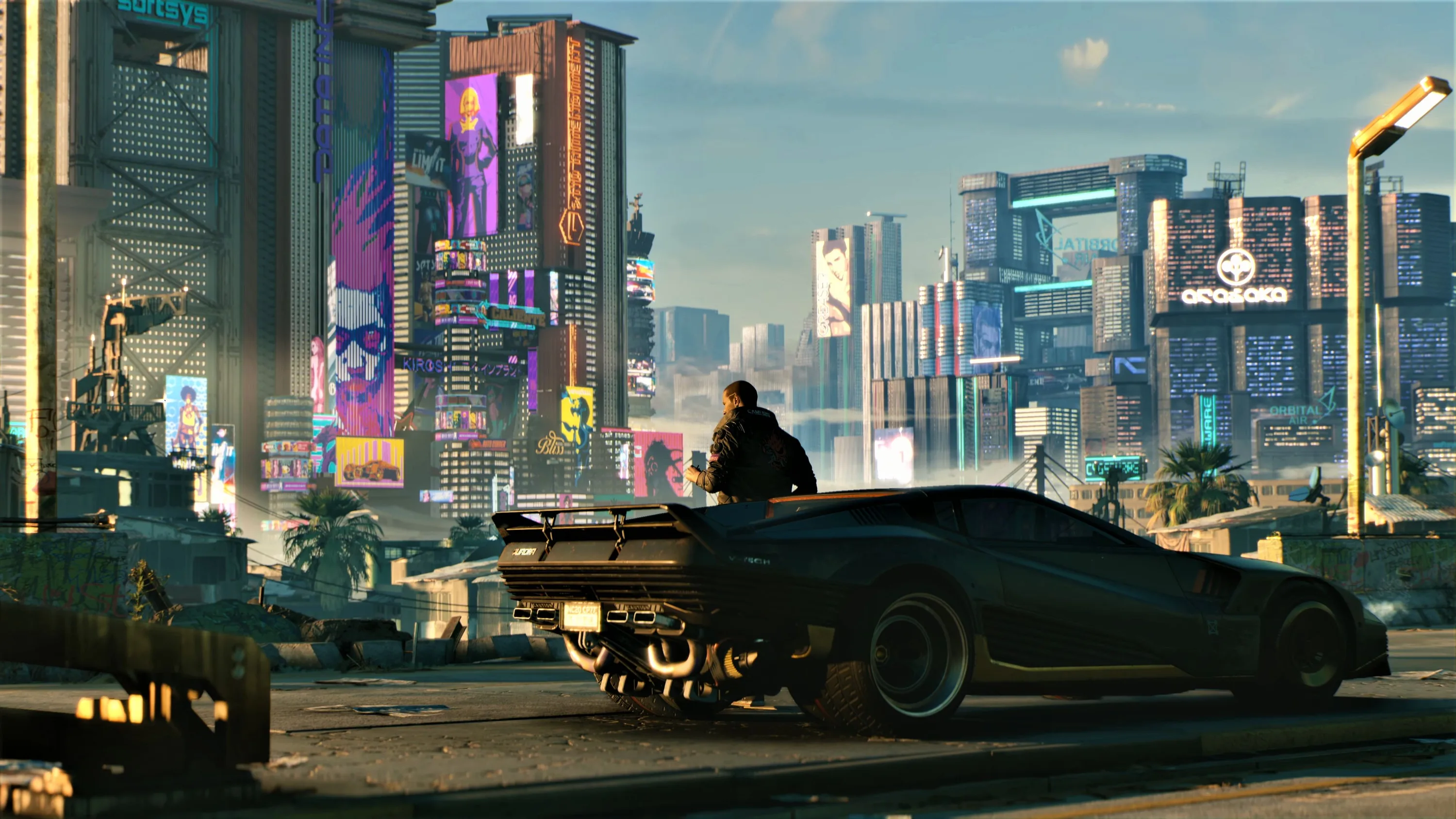 Leaning on his car's open trunk, a merc studies the daytime sprawl, hazy blue sky keeping the upper third calm for status bars.