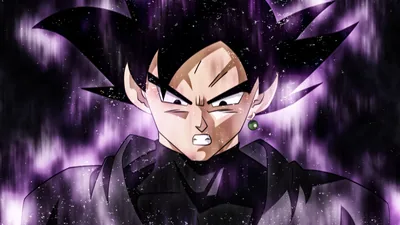 An anime-still close-up grits its teeth right of centre, silver-purple ki speckling the black around him so the left third stays dark for widgets.