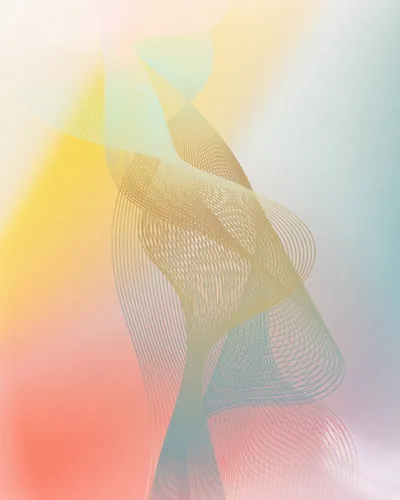 Thread-thin looping lines weave a translucent column up the middle of washed yellow, mint and coral, the wireframe sharpest against the pale centre.