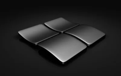 Four curved metal panes float above a dark floor, each one casting its own soft shadow beneath it.