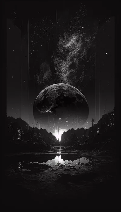 A shadowed planet trails smoke into the stars above a glowing horizon, its light doubled in the still water of a ruined charcoal valley.