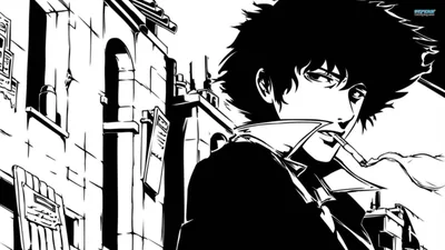 Spike glances back over his shoulder in a narrow alley drawn as flat black ink on white, his hair and coat one solid shape.