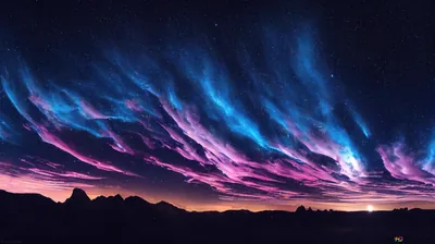 Digital art of neon blue and pink cloud streaks racing over black desert buttes, most of the upper sky left dark and starry.