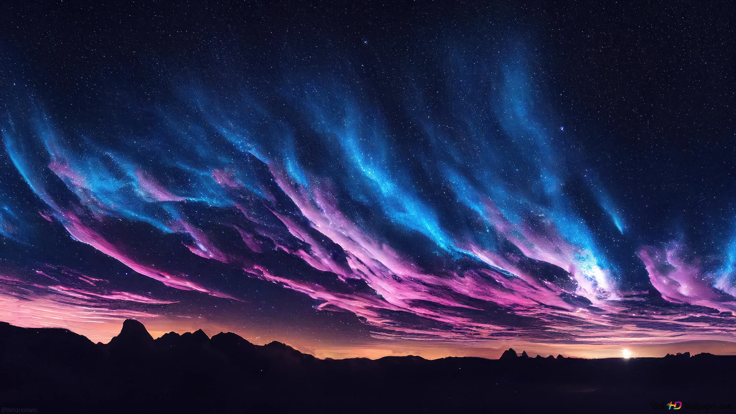 Digital art of neon blue and pink cloud streaks racing over black desert buttes, most of the upper sky left dark and starry.
