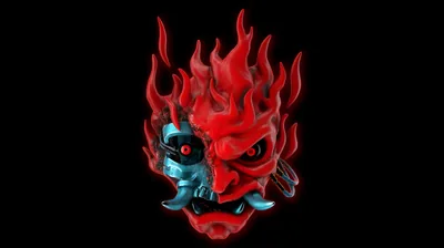 A grinning demon mask wreathed in red flame glows on pure black, one cybernetic eye and a metal jaw plate on the left side.