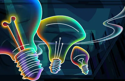 Three light bulbs drawn in rainbow outline glow against deep blue, filaments picked out in white, a wisp of smoke curling off to the right.