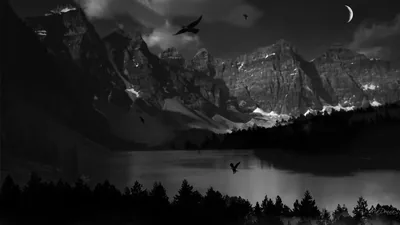 Birds cross a crescent moon above jagged peaks, the still lake and pine treeline dropping into monochrome shadow along the bottom.