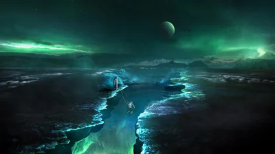 A sheet of green aurora hangs above a cracked frozen sea, a glowing rift splitting the ice below a dim moon half-lost in storm clouds.