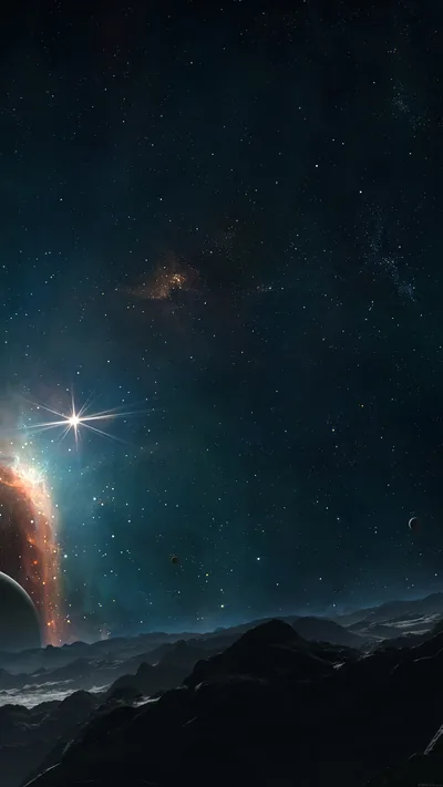 A four-point star flares beside a ringed planet on the left, its light falling across a dark rocky ridge that fills the bottom third.