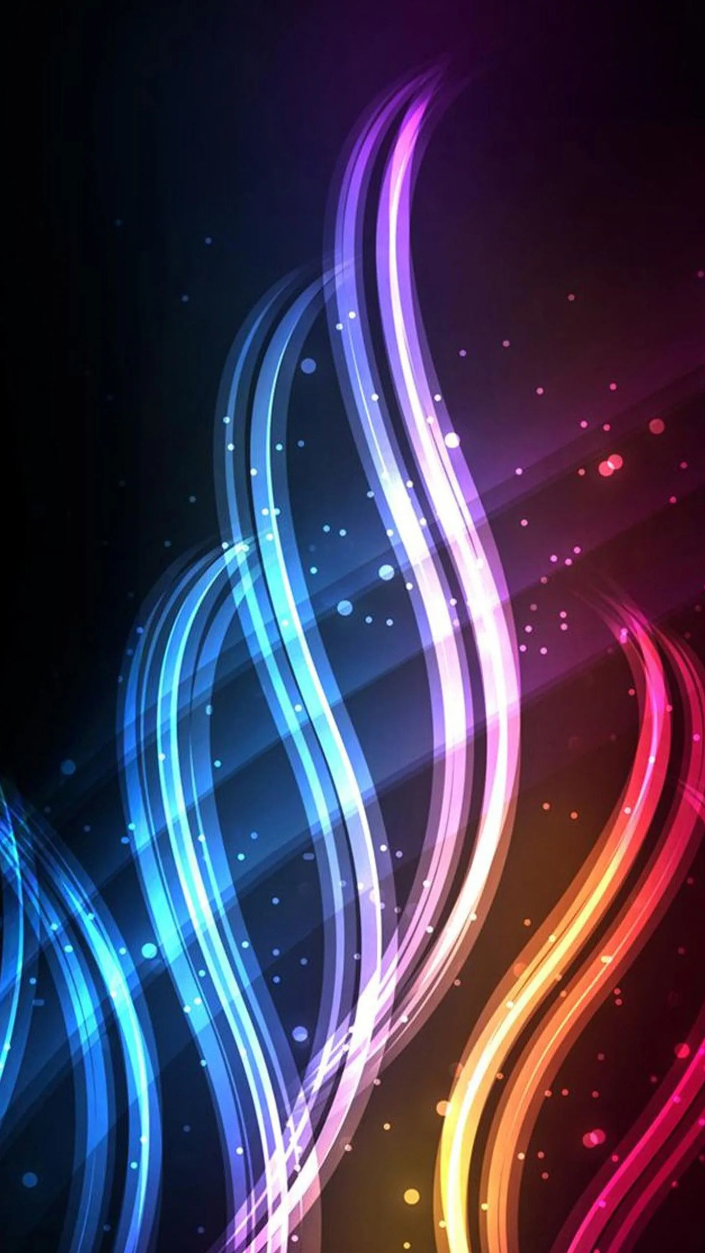 Ribbons of blue, white and pink light twist upward through the frame, dust-like sparks floating between them on a deep black background.
