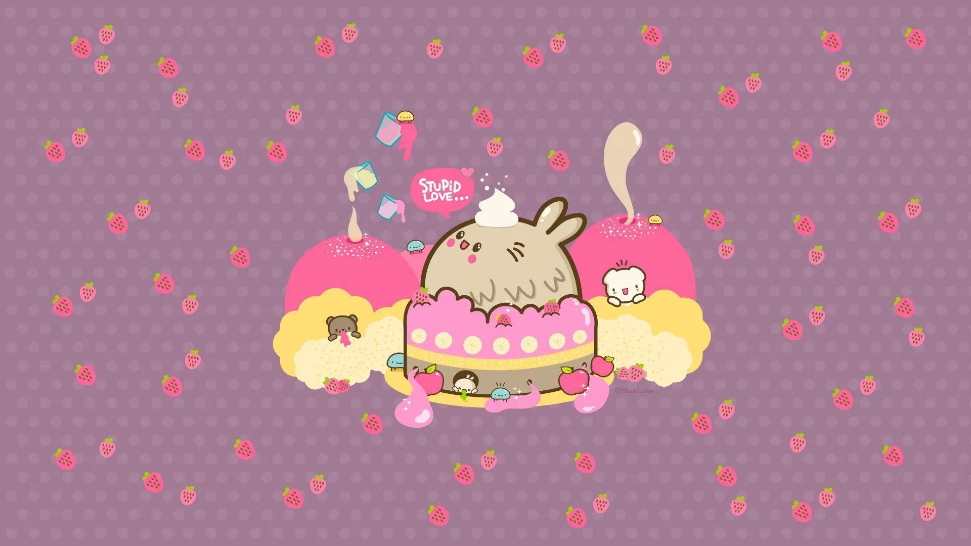 A grey rabbit slumps on a frosted cake between two berry trees, strawberries speckling the plum background where a white clock stays easy to spot.