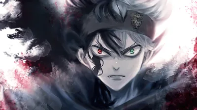 Asta stares straight ahead from a smoky steel-grey wash, red splatter bleeding in from the left while his headband badge catches the only sharp light.
