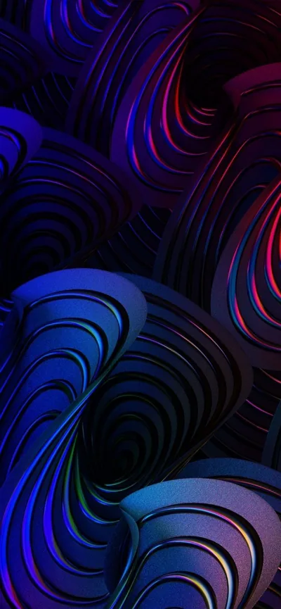 Ridged 3D shells drawn in thin neon lines, blue at the base shifting to magenta near the top of the frame.