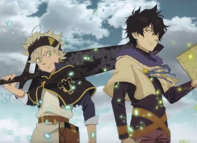 Asta and Yuno stand back to back under a bright cloudy sky, one shouldering his broad black sword and the other holding a grimoire amid green sparks.