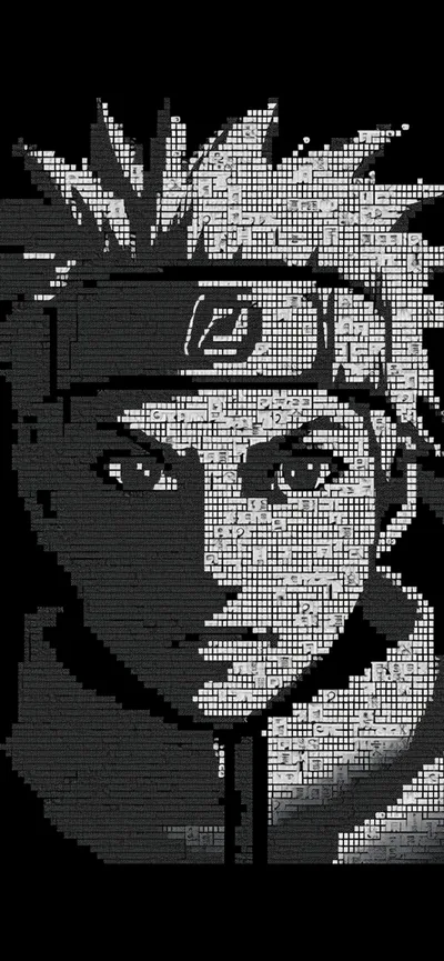A tall portrait of Naruto assembled entirely from white ASCII characters on black, the headband plate solid enough to read from a distance while the face stays loose.
