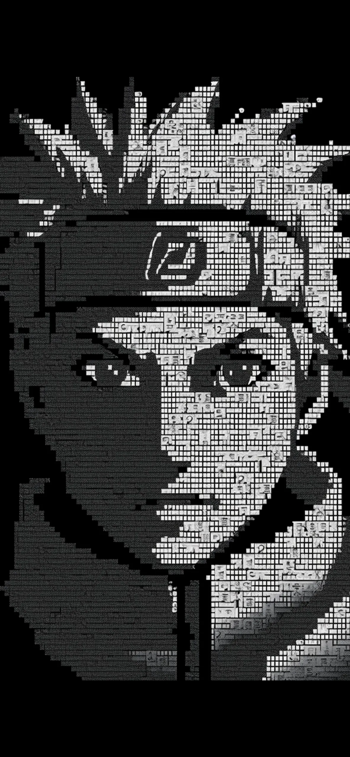 A tall portrait of Naruto assembled entirely from white ASCII characters on black, the headband plate solid enough to read from a distance while the face stays loose.