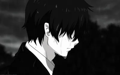 Dark-haired and looking down, drawn in soft greyscale with a blurred sky behind and a tear on his cheek.