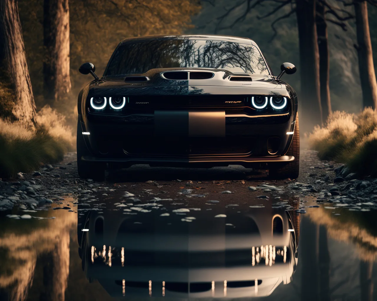 A black Challenger faces the camera on a wet forest track, halo headlights lit, its mirror reflection filling the bottom third of the frame.