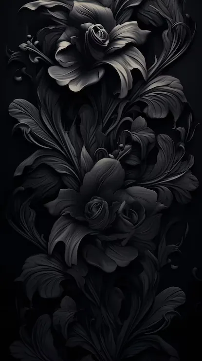 Roses and acanthus leaves sculpted out of matte black material run down the middle of a tall frame, shadow pooling deep between the petals.