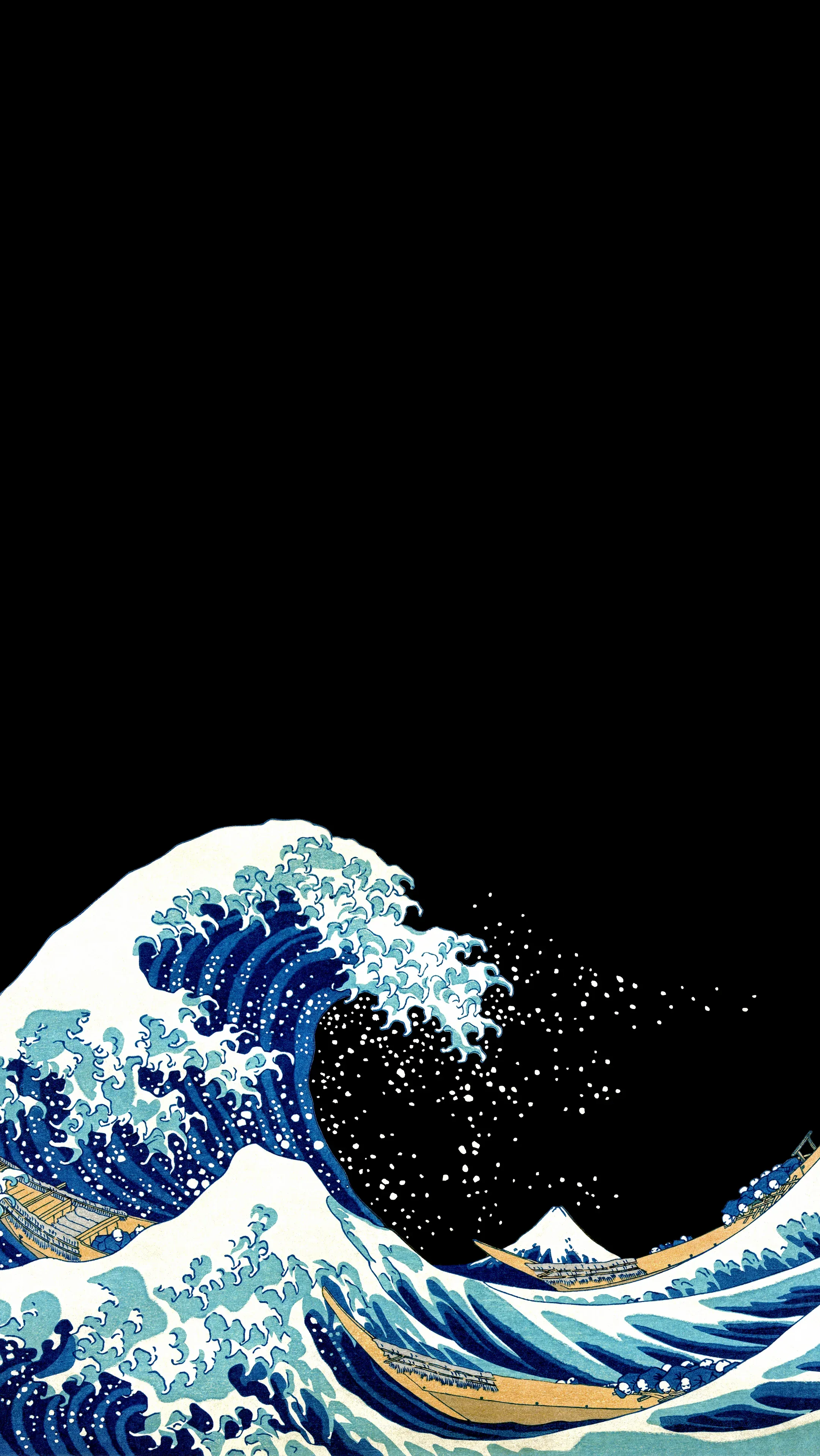The Hokusai wave curls along the bottom edge in blue and cream, while the top two thirds stay pure black so the lock-screen clock stays readable.