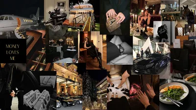 Warm brown-toned cells of a private jet, champagne and evening outfits surround the caption Money Loves Me, which sits on a black tile at the left edge.
