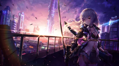 An archer in black leans on a rooftop railing with her bow, birds scattering across skyscrapers lit violet by the setting sun.