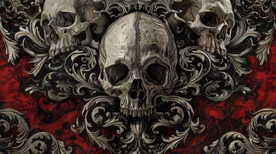 Three pale skulls sit among heavy silver scrollwork over a deep red ground, the largest one centred and the two smaller ones cropped by the top edge.