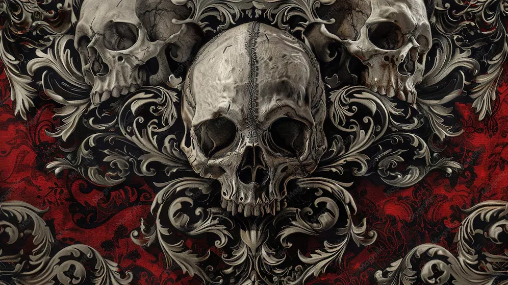 Three pale skulls sit among heavy silver scrollwork over a deep red ground, the largest one centred and the two smaller ones cropped by the top edge.
