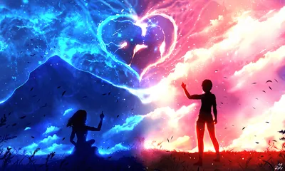 The frame divides into an icy blue mountain on the left and a red-lit field on the right, a heart-shaped cloud opening where the two skies meet.