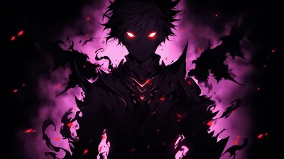 Ragged violet smoke pours off his shoulders and red sparks drift upward, white eyes and a red chest mark glowing through the murk.