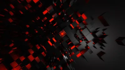 Hundreds of small cubes drift through dark space, the ones near the centre glowing hot red while the outer ones fade to grey.