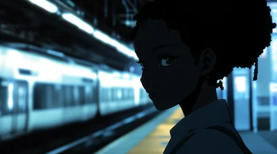 Lit only by the blue-white glow of a passing train, a short-haired figure turns back toward the camera, the platform stretching away out of focus.