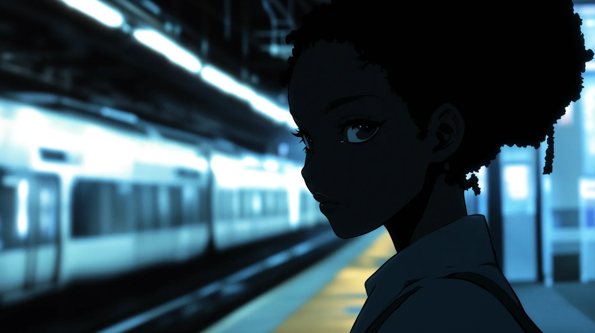 Lit only by the blue-white glow of a passing train, a short-haired figure turns back toward the camera, the platform stretching away out of focus.