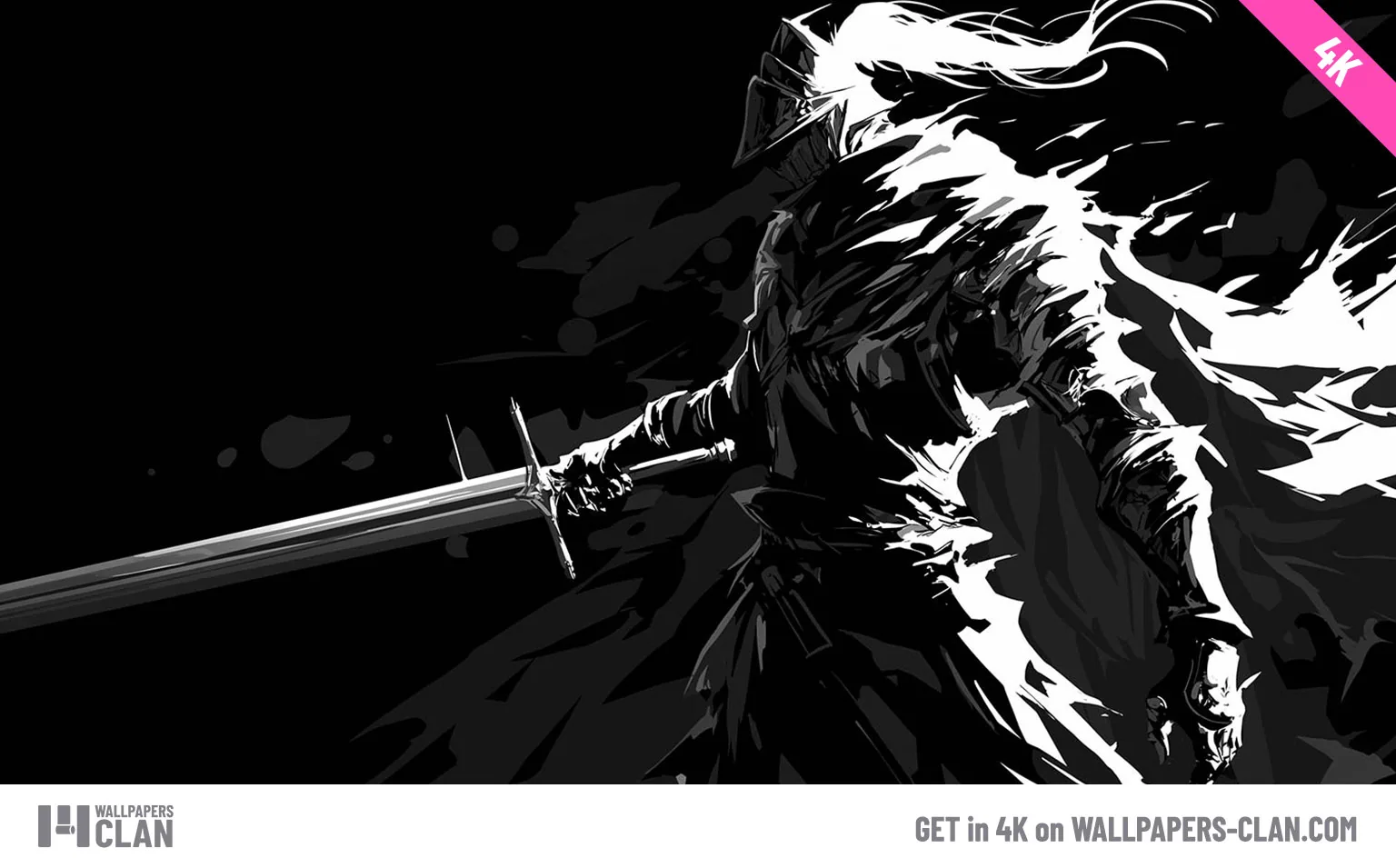 An armoured knight lunges with a sword in high-contrast ink, tattered cloak breaking into rough brush strokes against a black field.