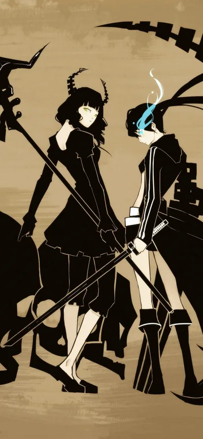 Dead Master and Black Rock Shooter drawn as flat black cut-outs on a wood-brown field, one blue flame eye the only colour in the tall frame.