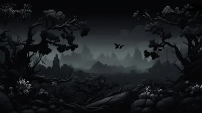An illustrated forest in greys and black, gnarled branches framing a distant misty ruin with birds overhead.