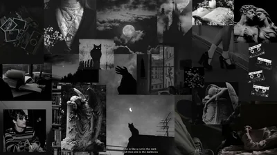Overlapping monochrome panels of a moon, a black cat, statues and old buildings tile across a wide frame, two lines of quote sitting near the base.
