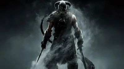 A bare-armed fighter in a horned iron helmet stands in cold mist, sword raised in one hand and a war axe hanging from the other.