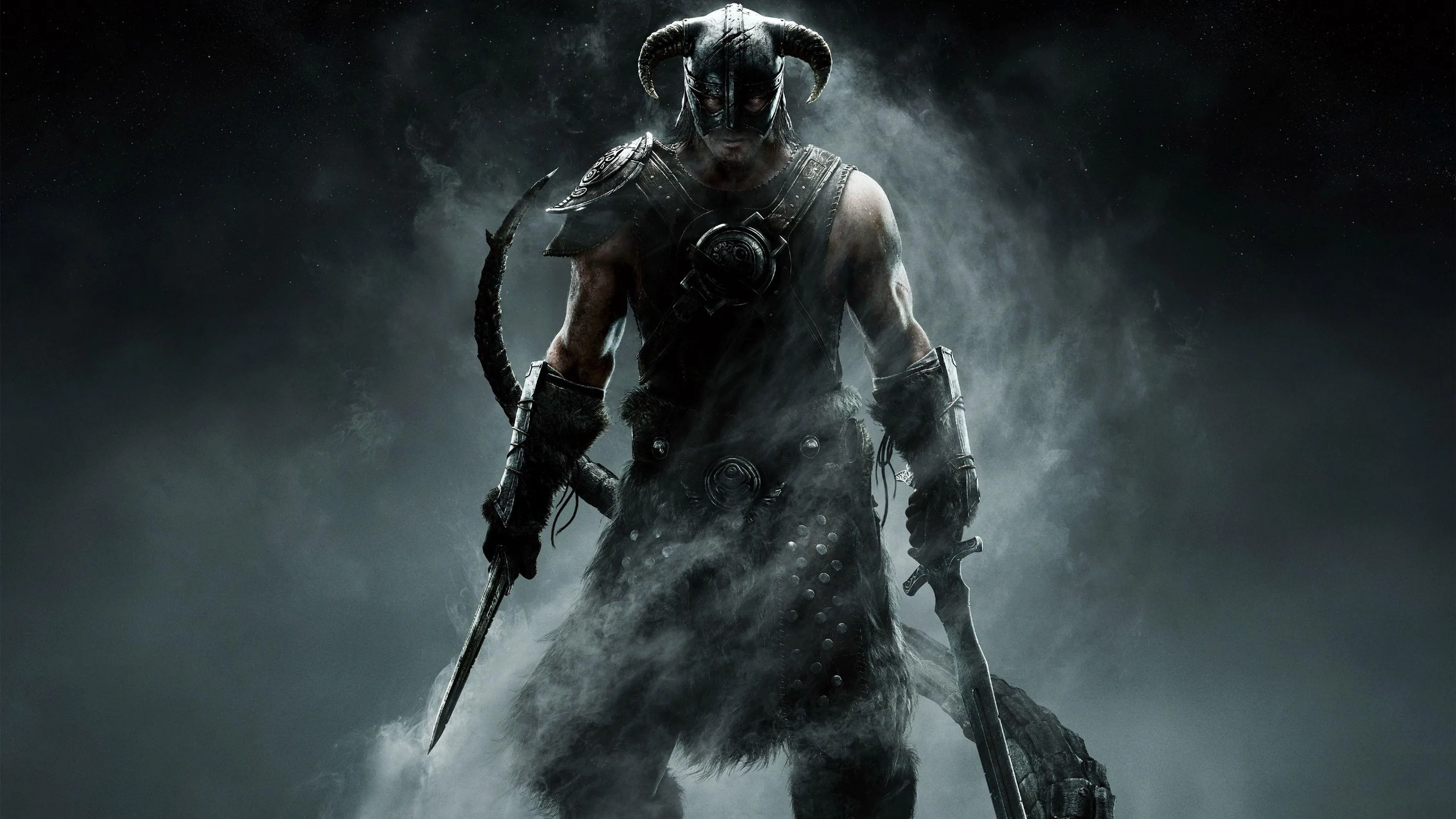 A bare-armed fighter in a horned iron helmet stands in cold mist, sword raised in one hand and a war axe hanging from the other.