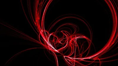 Thin red light trails coil into a spiral left of centre, the rest of the frame left in flat black.