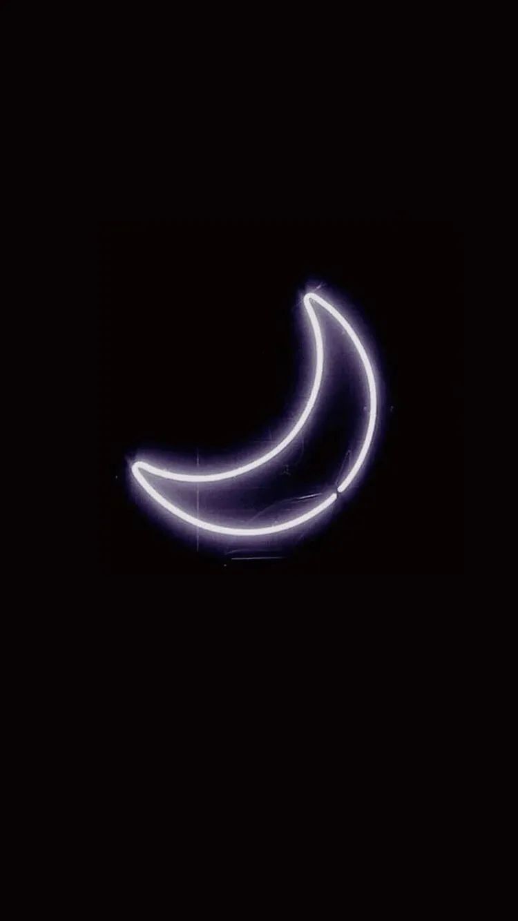 A neon-tube crescent glows violet-white at the centre of a true black frame — everything else stays unlit, easy on OLED batteries.