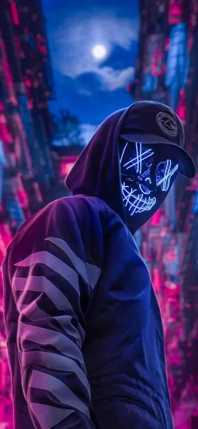 A hooded figure in a cap and glowing stitched-mouth mask stands under a full moon, pink and blue city light blurred out behind him.