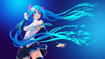 Hatsune Miku poses as her twin tails dissolve into streaks across a plain blue gradient, leaving the right half open for desktop icons.