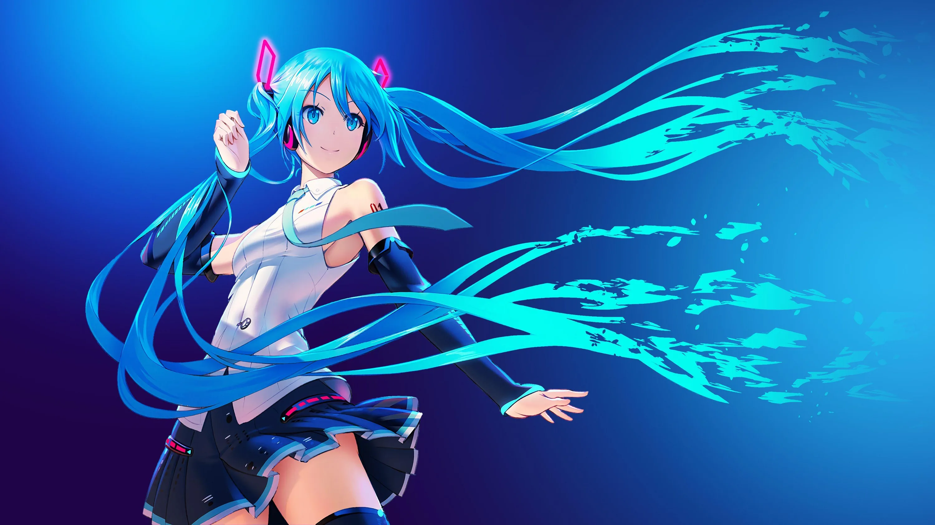 Hatsune Miku poses as her twin tails dissolve into streaks across a plain blue gradient, leaving the right half open for desktop icons.