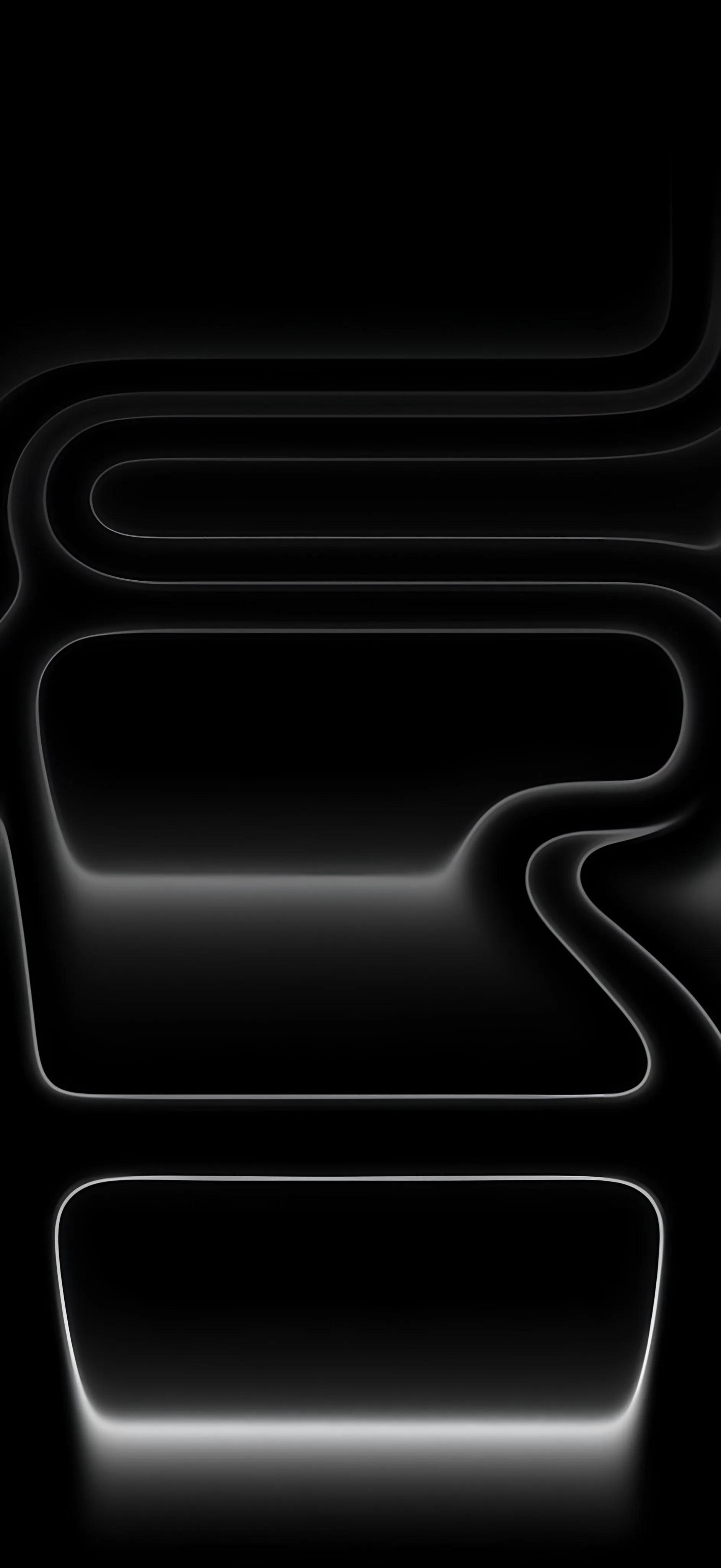 Rounded rectangular paths loop through the frame as thin glowing white lines, wide black gaps between them keeping the screen calm.