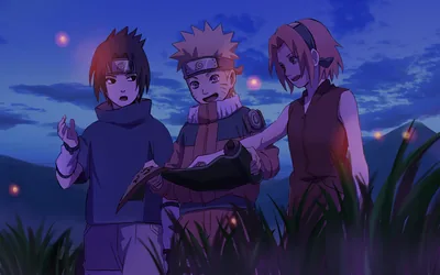 The three young teammates huddle over an open scroll in a twilight field, fireflies drifting through the deep blue evening air around them.