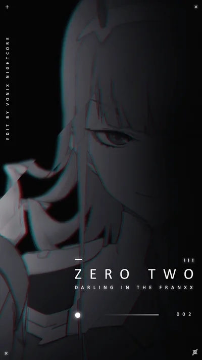 Zero Two's faint smile surfaces from a near-black field, with Darling in the Franxx typography set low where it clears the dock.